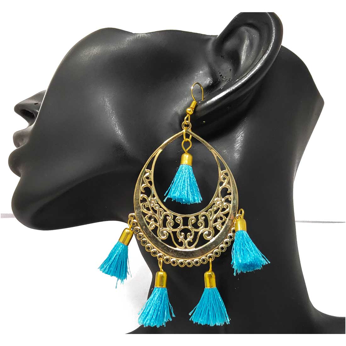 Anokhi Ada Metal Dangle with Tassel Earrings for Girls and Women (Golden and Sky Blue)-AD-02