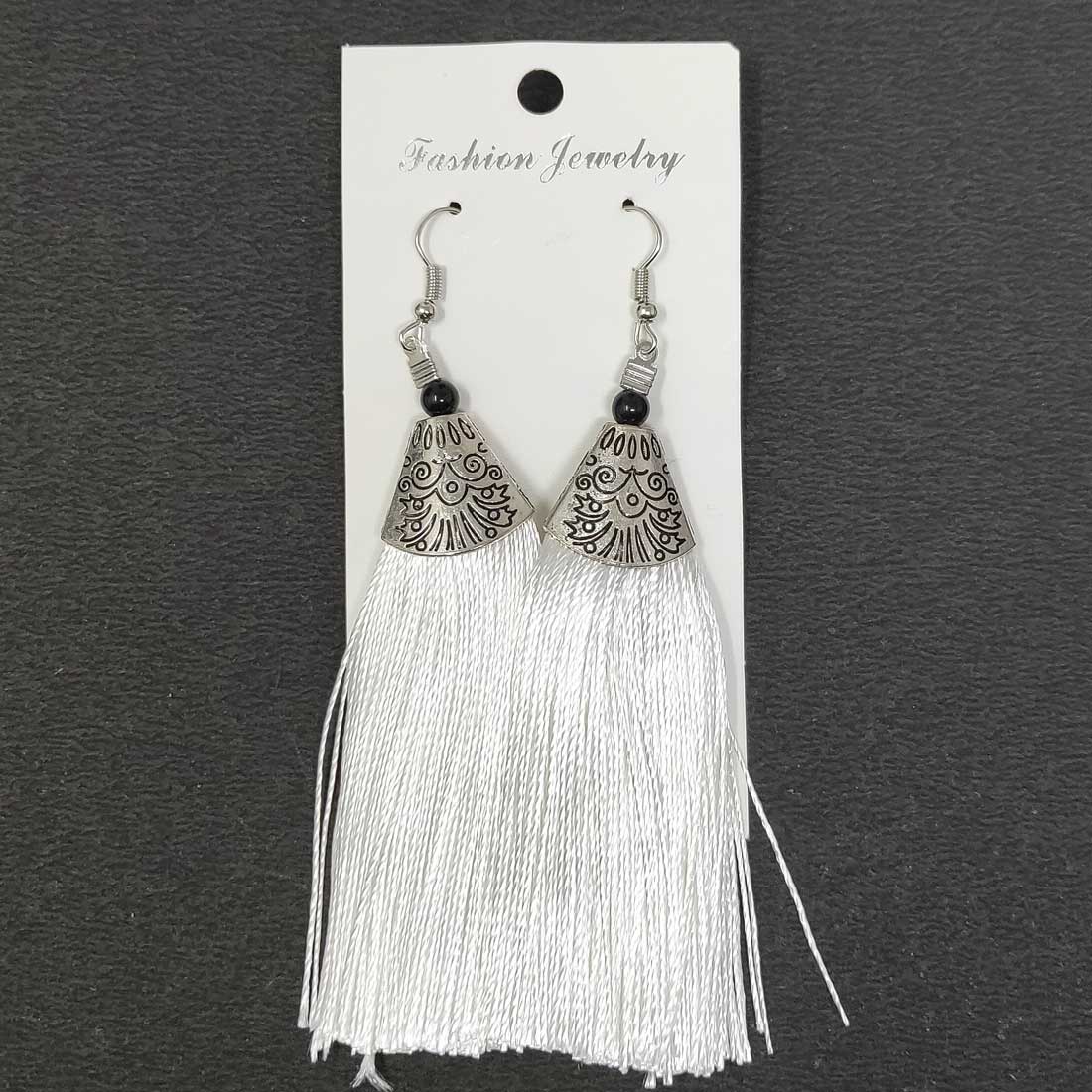 Anokhi Ada Metal Dangle Earrings with Tassel for Girls and Women  (White)-AH-10