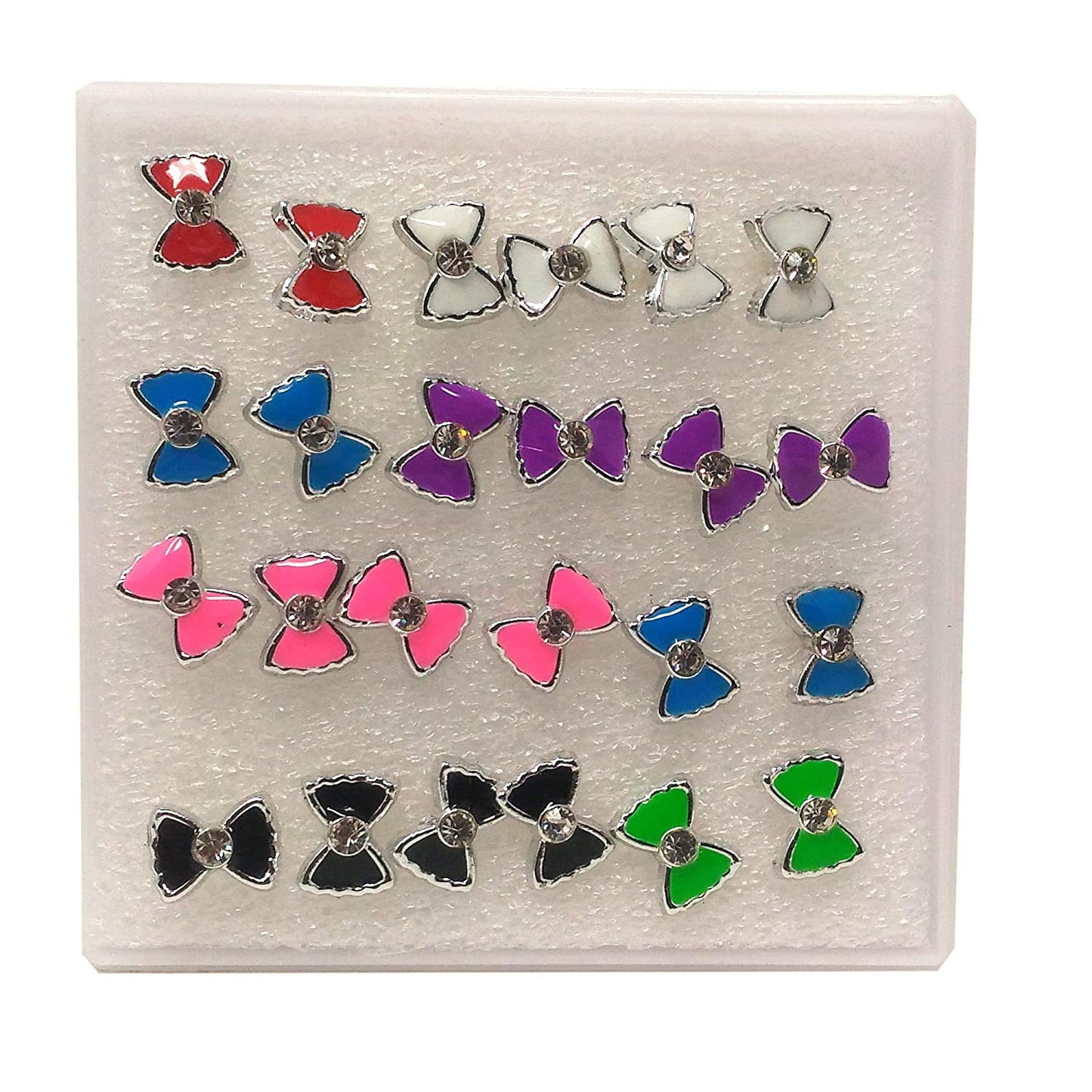Anokhi ADA Multi-colour Rhinestone Studded Bow Plastic Stud Earrings for Girls and Women (Pack of 12 Pairs)-(AR-12)