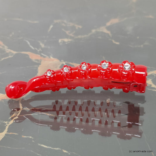 Anokhi Ada Red Rhinestone Studded Floral Banana Hair Clips (BC-001a)