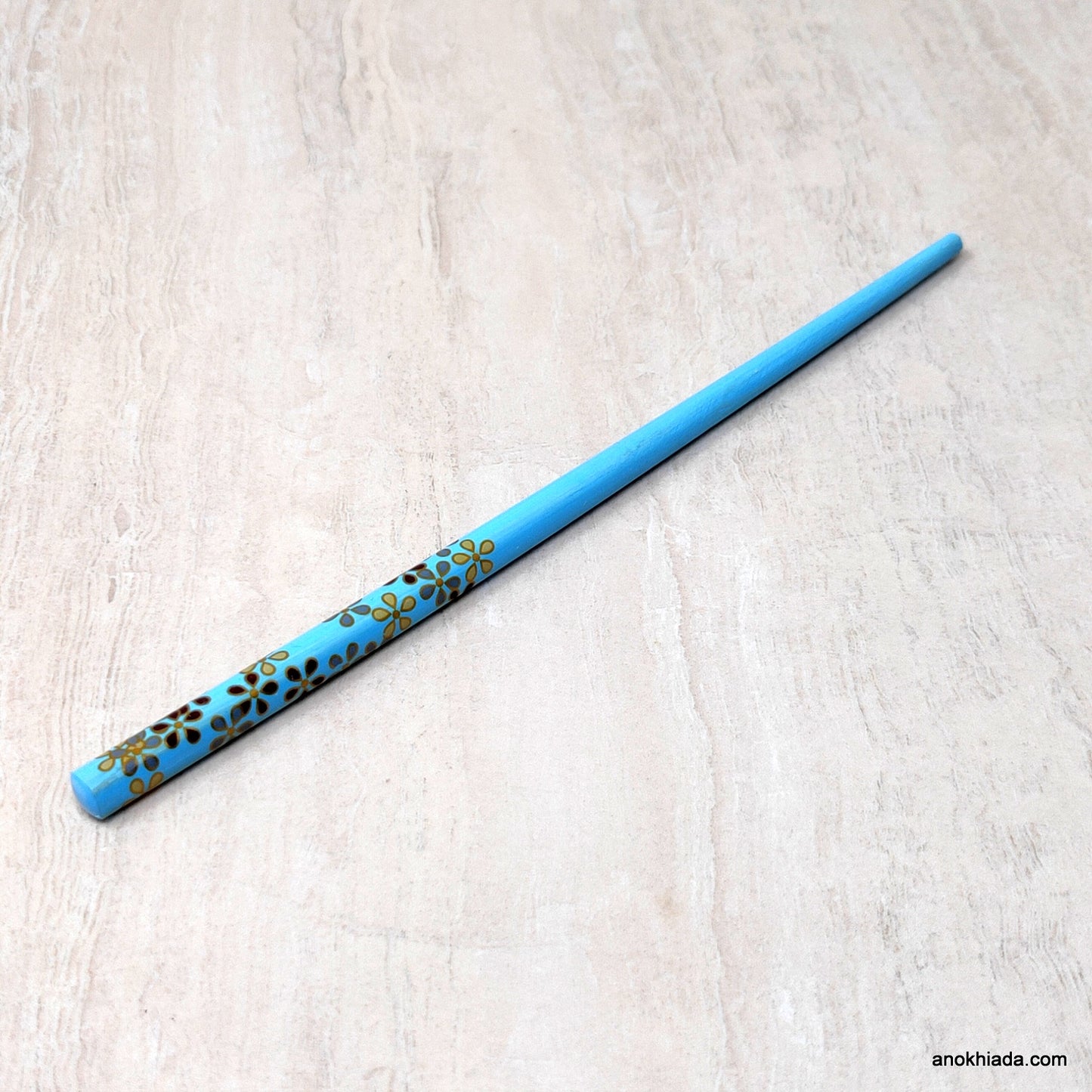 Floral Print Sky Blue Wooden Juda Stick/Bun Stick - 99-01D