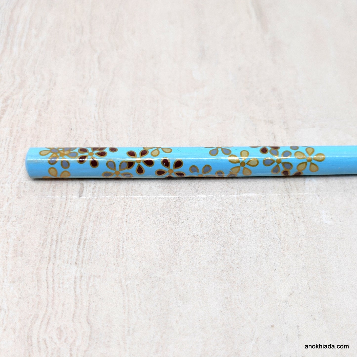 Floral Print Sky Blue Wooden Juda Stick/Bun Stick - 99-01D