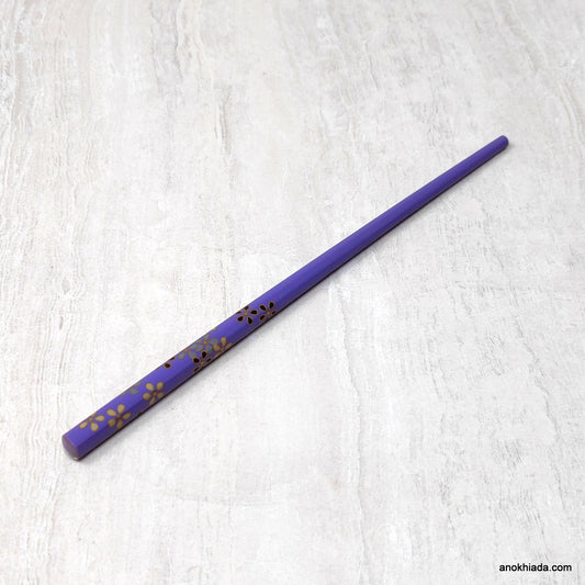 Floral Print Purple Wooden Juda Stick/Bun Stick - 99-01E