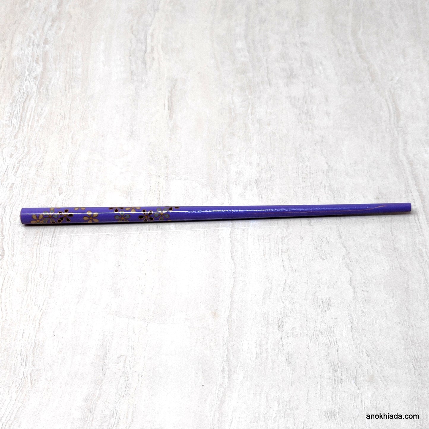 Floral Print Purple Wooden Juda Stick/Bun Stick - 99-01E