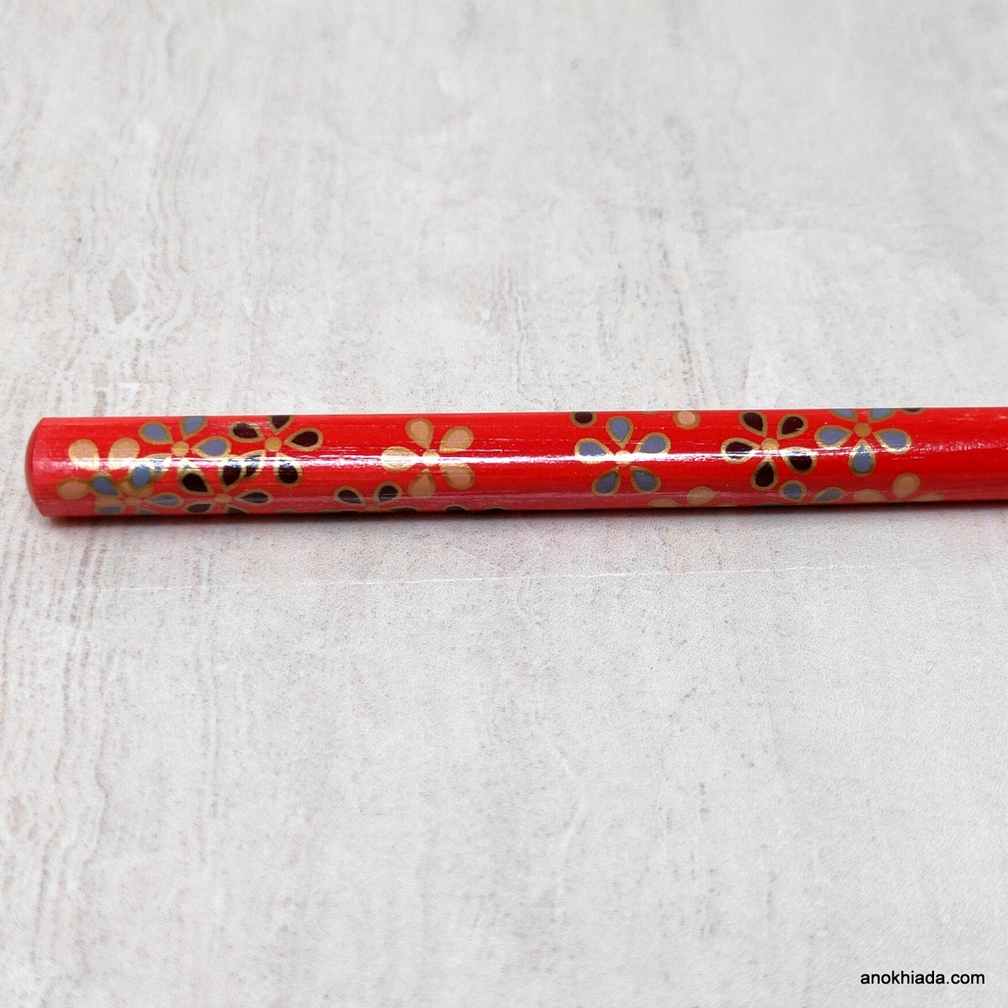 Floral Print Red Wooden Juda Stick/Bun Stick - 99-01F