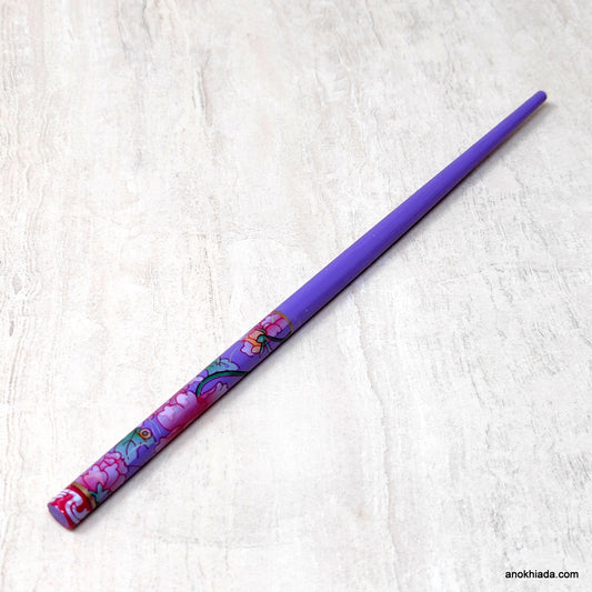 Floral Print Purple Wooden Juda Stick/Bun Stick - 99-02A