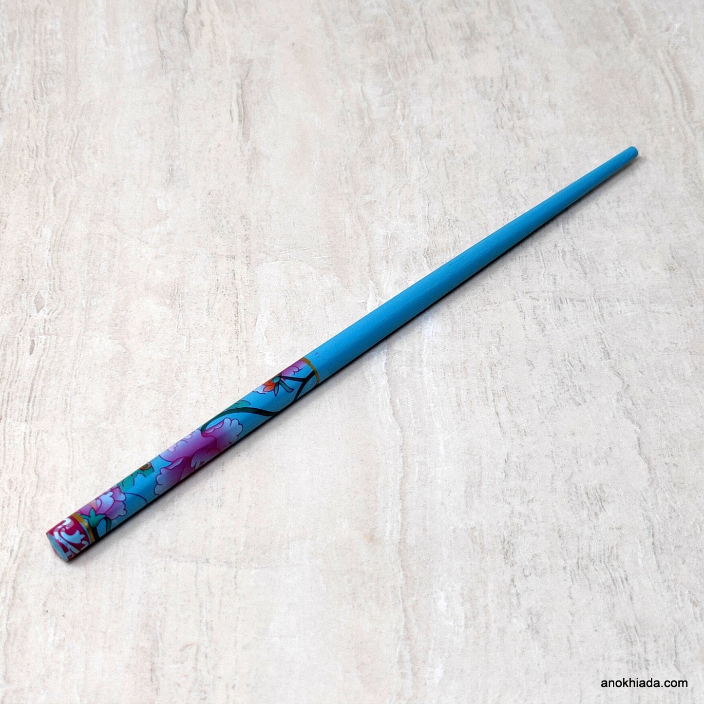 Floral Print Sky Blue Wooden Juda Stick/Bun Stick - 99-02B