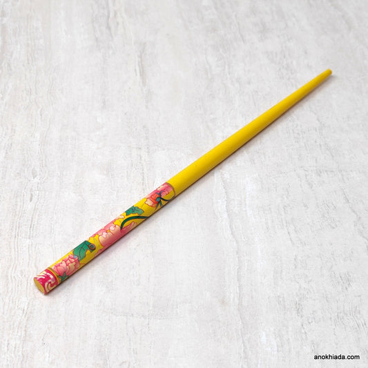 Floral Print Yellow Wooden Juda Stick/Bun Stick - 99-02D