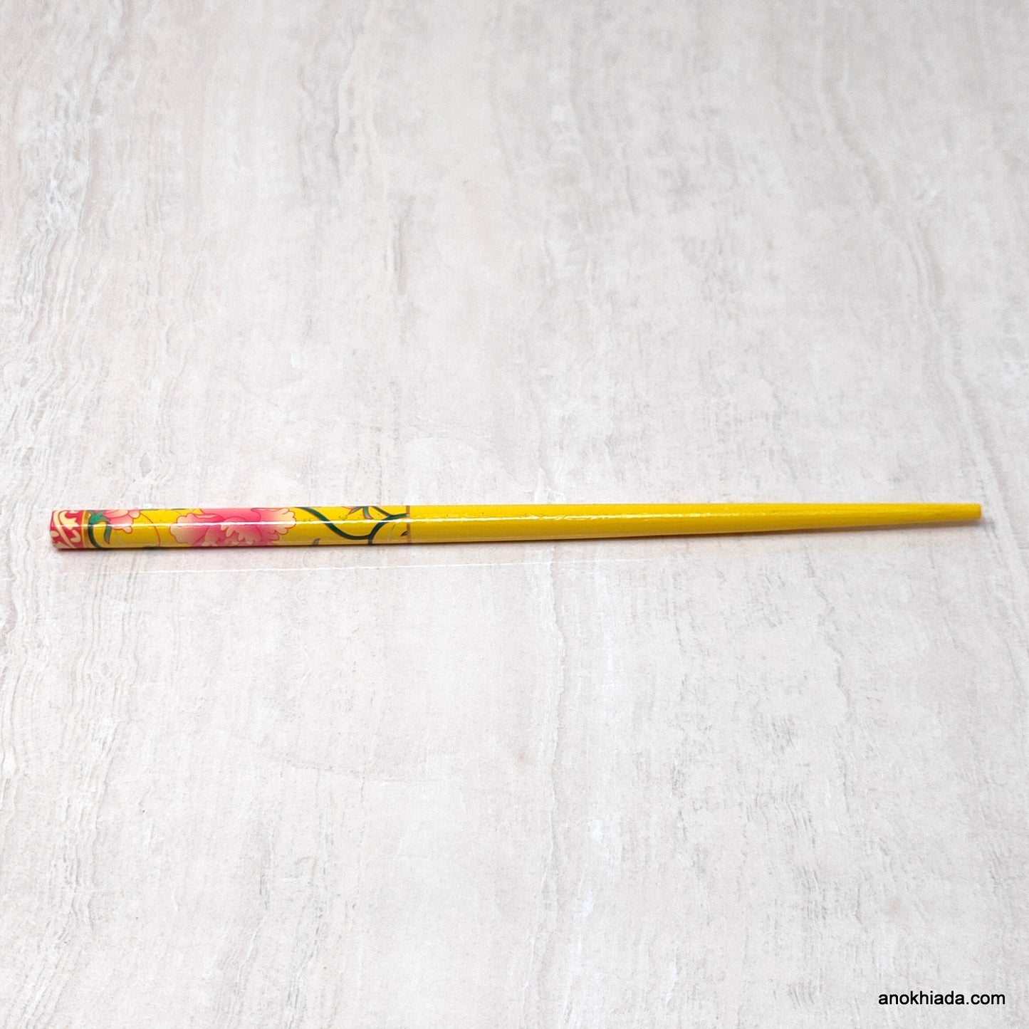 Floral Print Yellow Wooden Juda Stick/Bun Stick - 99-02D