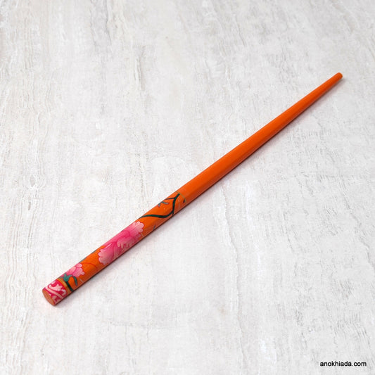 Floral Print Orange Wooden Juda Stick/Bun Stick - 99-02E