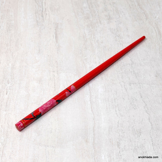 Floral Print Red Wooden Juda Stick/Bun Stick - 99-02F