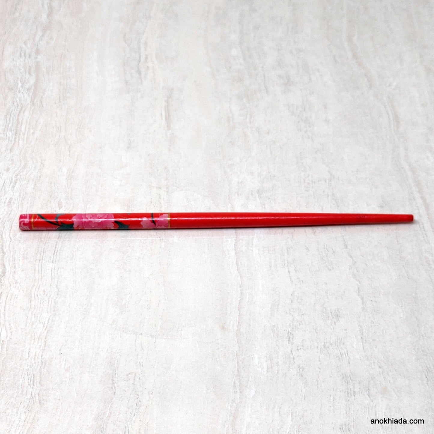 Floral Print Red Wooden Juda Stick/Bun Stick - 99-02F