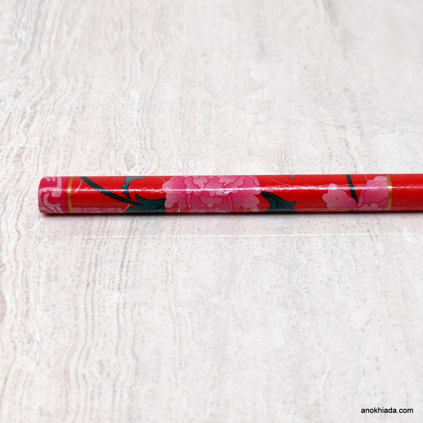 Floral Print Red Wooden Juda Stick/Bun Stick - 99-02F