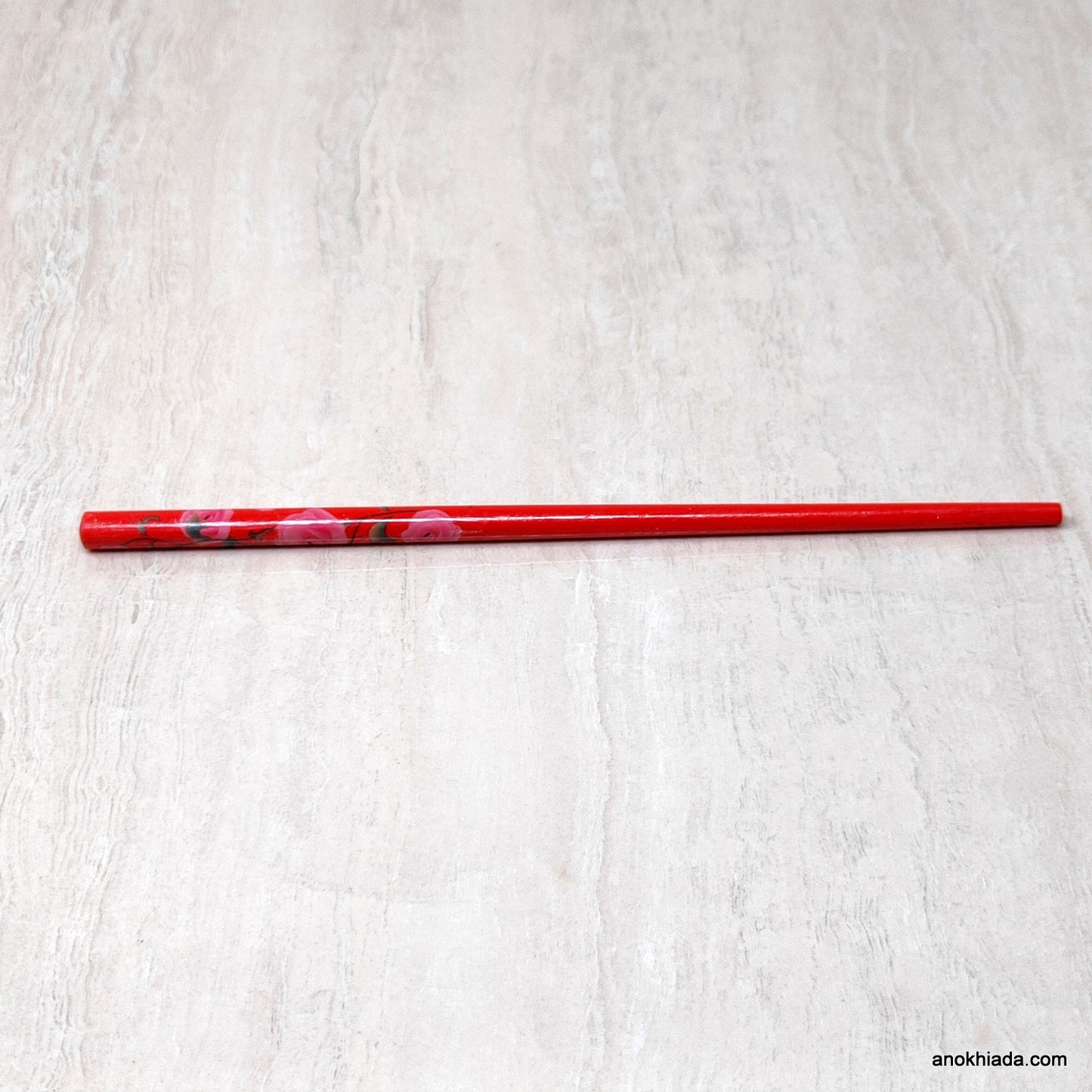 Floral Print Red Wooden Juda Stick/Bun Stick - 99-03A