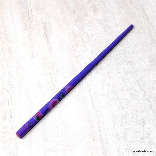 Floral Print Purple Wooden Juda Stick/Bun Stick - 99-03B