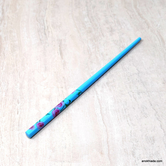 Flower Print Sky Blue Wooden Juda Stick/Bun Stick - 99-03C