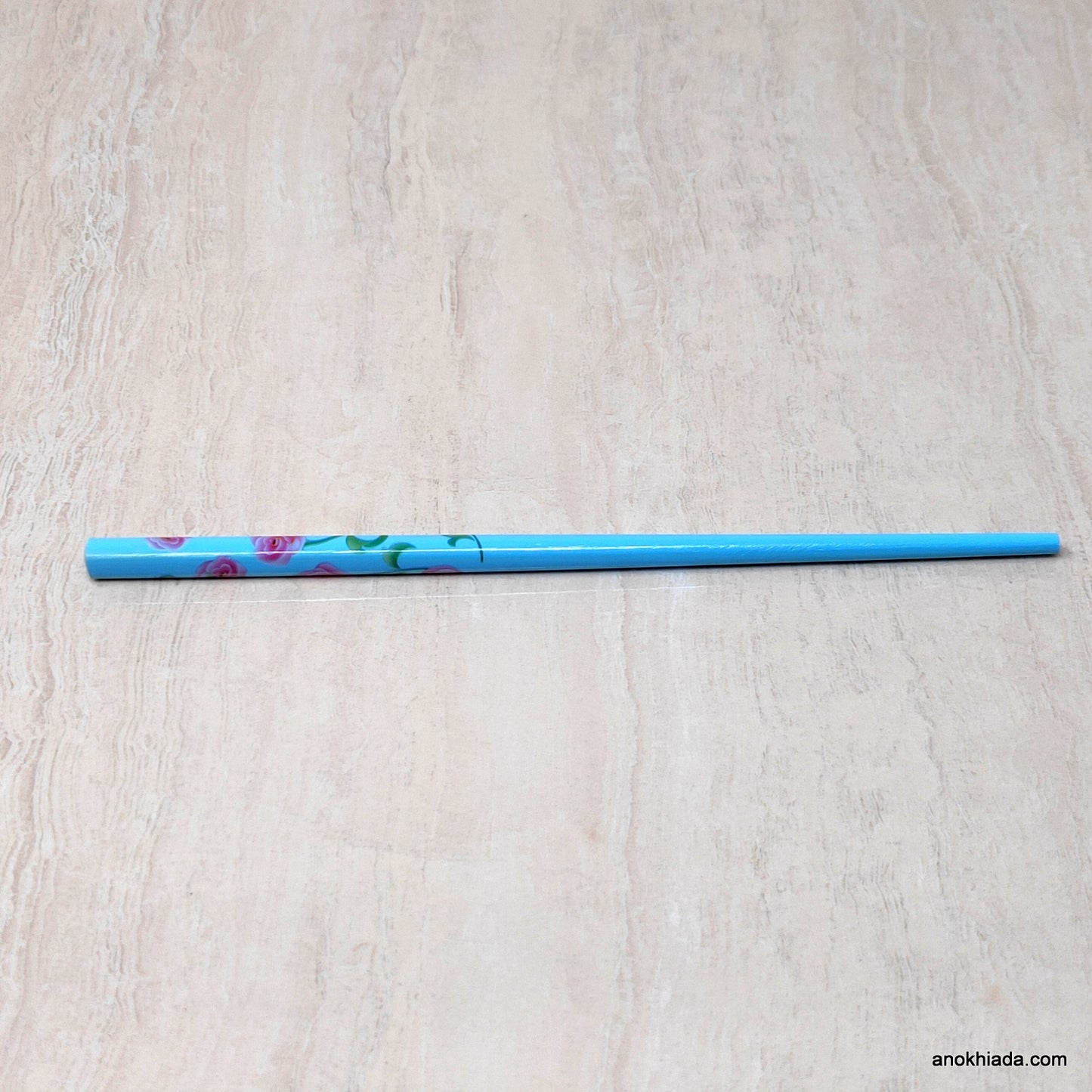 Flower Print Sky Blue Wooden Juda Stick/Bun Stick - 99-03C