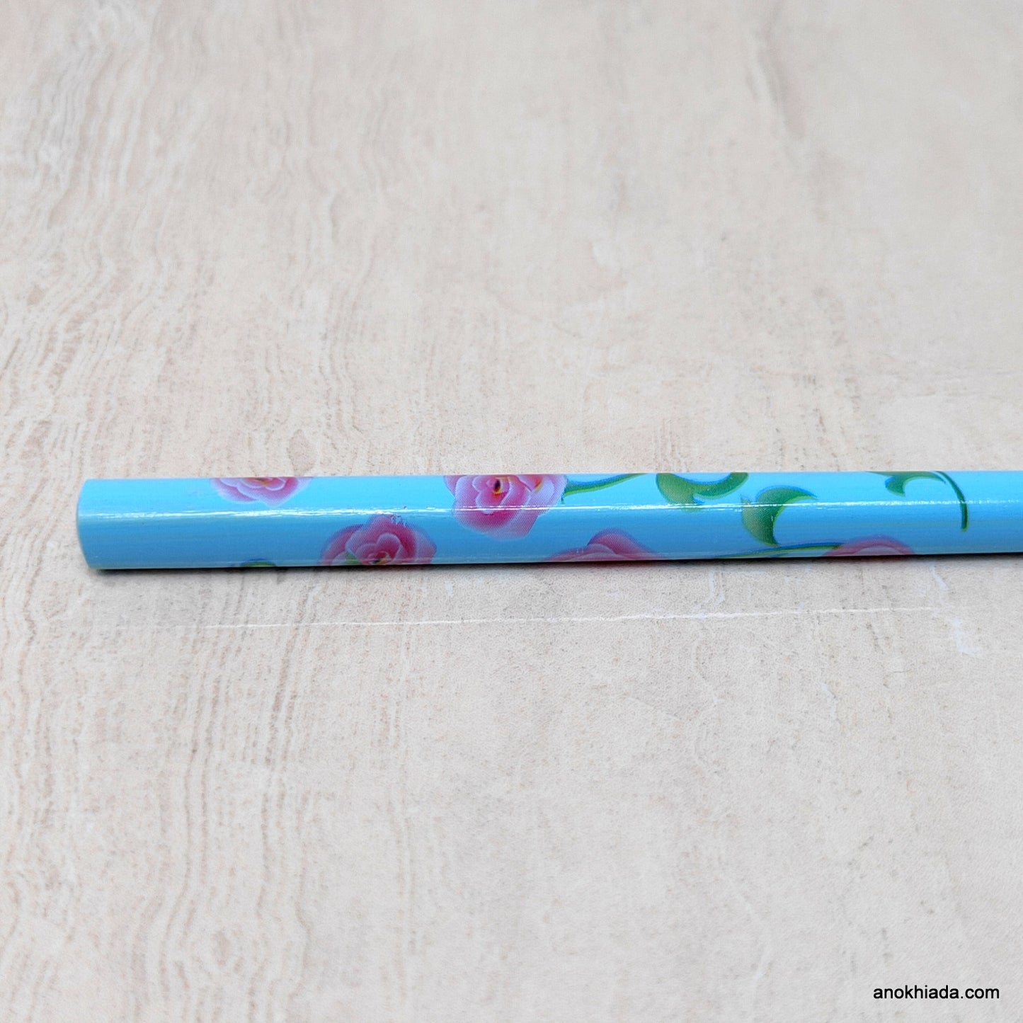 Flower Print Sky Blue Wooden Juda Stick/Bun Stick - 99-03C