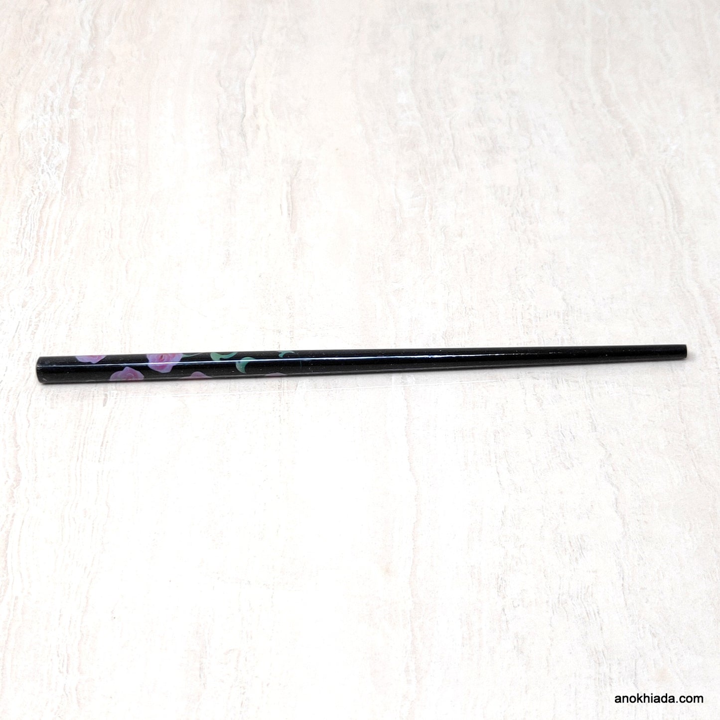 Flower Print Black Wooden Juda Stick/Bun Stick - 99-03F
