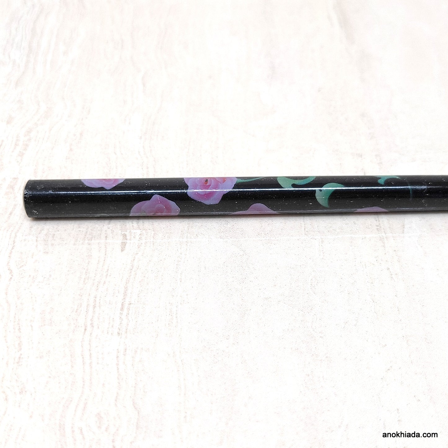 Flower Print Black Wooden Juda Stick/Bun Stick - 99-03F