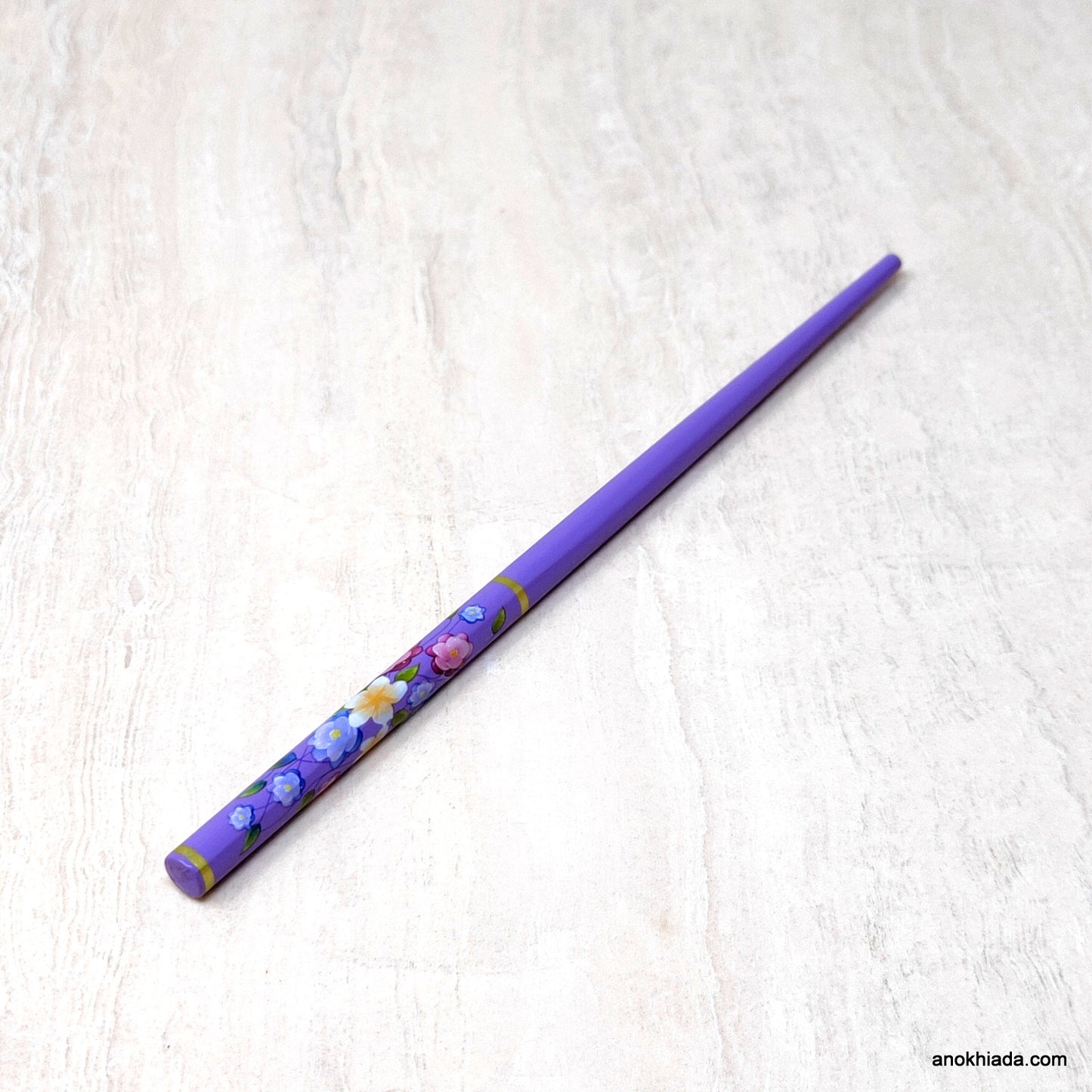 Flower Print Purple Wooden Juda Stick/Bun Stick - 99-04A