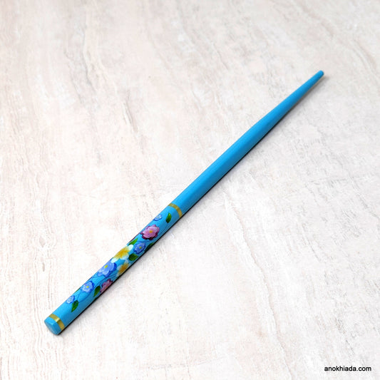 Flower Print Light Blue Wooden Juda Stick/Bun Stick - 99-04B