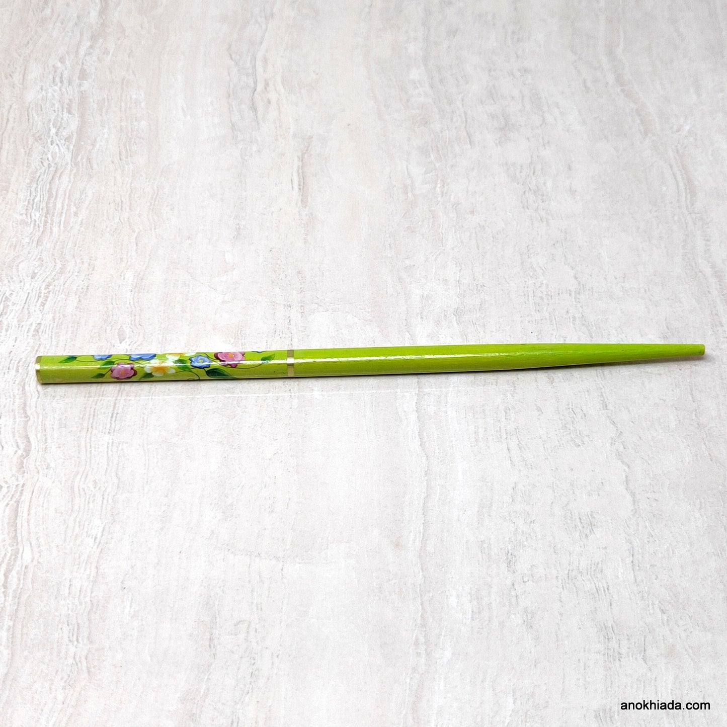 Flower Print Light Green Wooden Juda Stick/Bun Stick - 99-04C