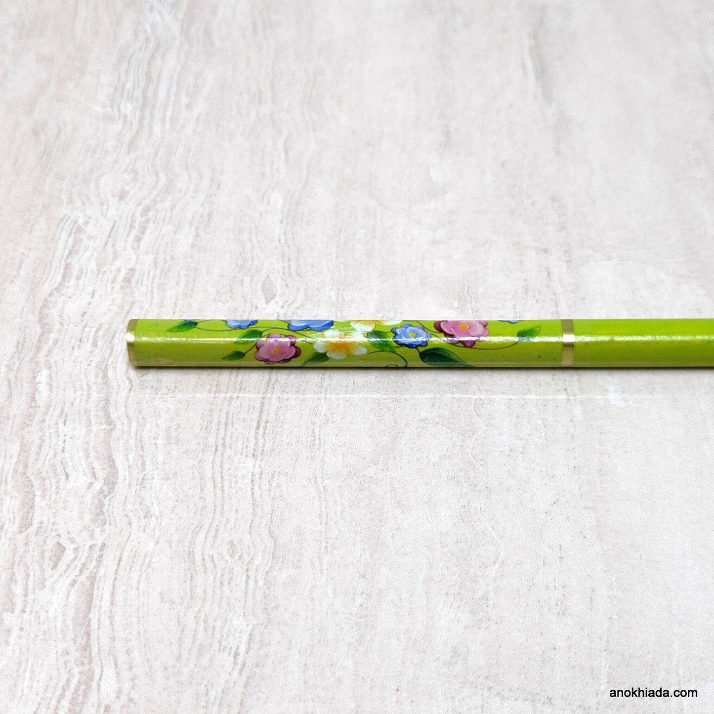 Flower Print Light Green Wooden Juda Stick/Bun Stick - 99-04C