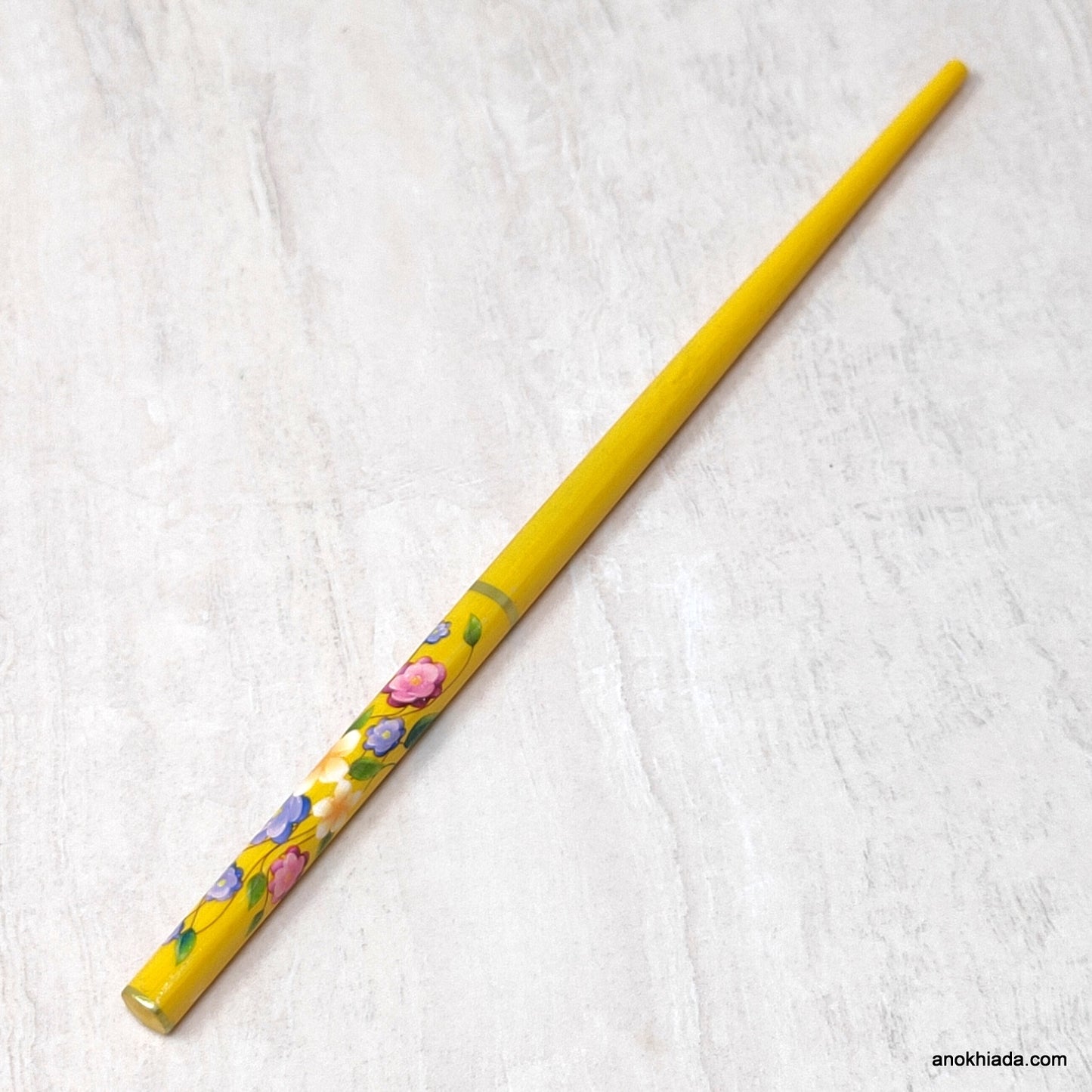 Flower Print Yellow Wooden Juda Stick/Bun Stick - 99-04D