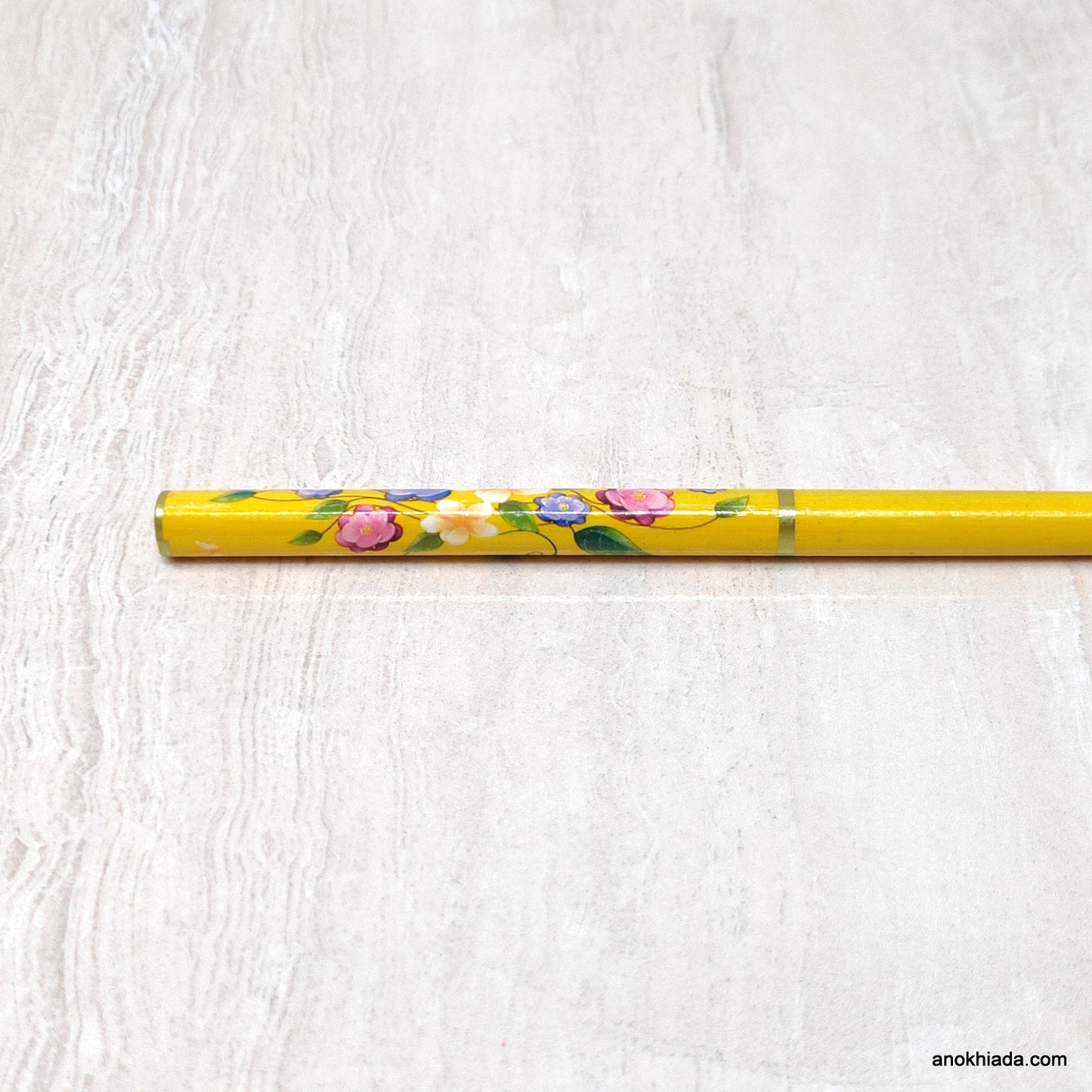 Flower Print Yellow Wooden Juda Stick/Bun Stick - 99-04D