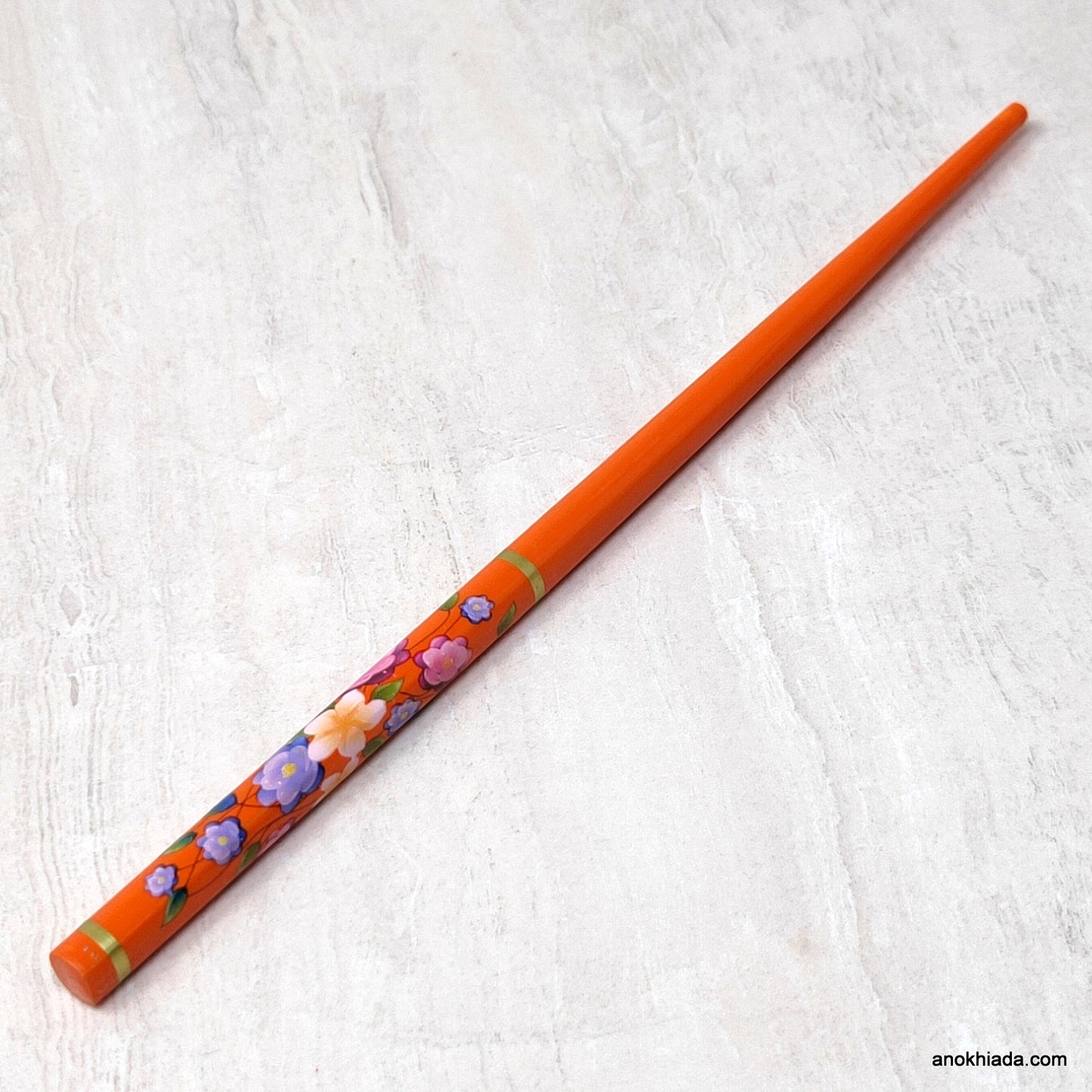 Flower Print Orange Wooden Juda Stick/Bun Stick - 99-04E