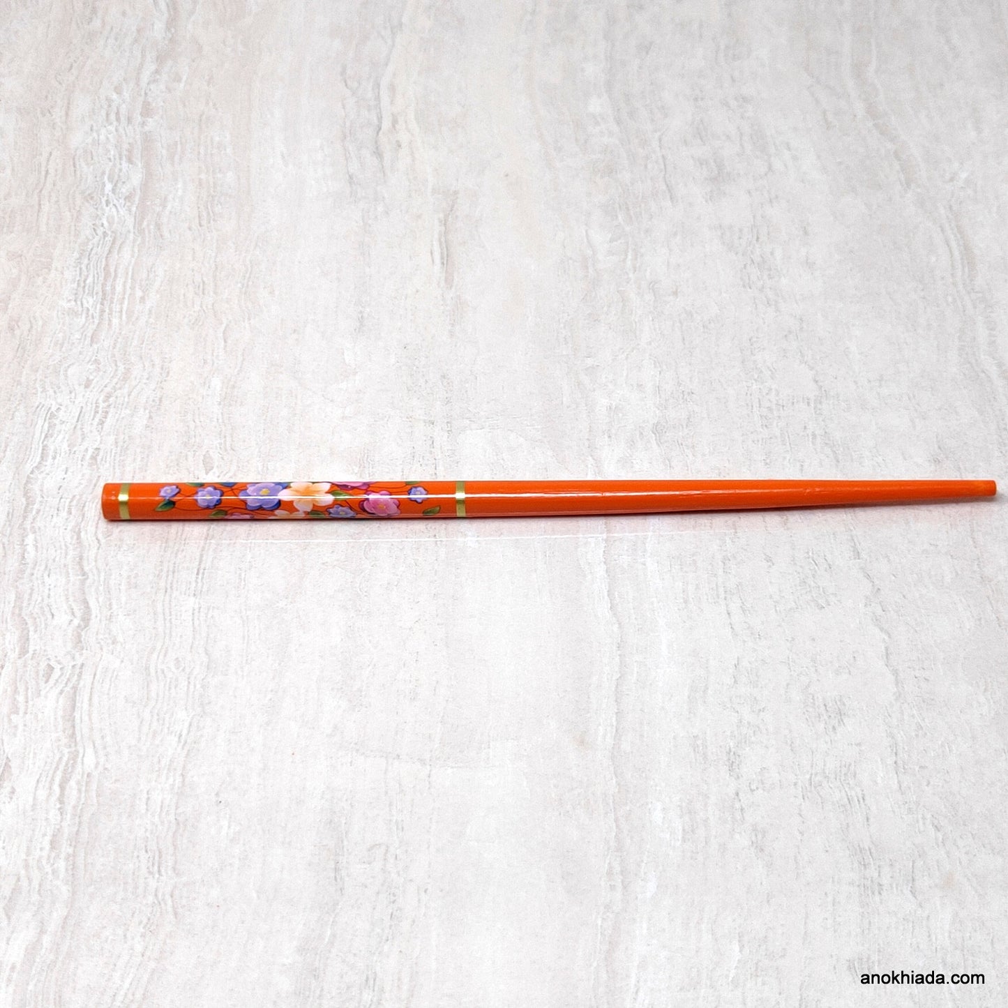 Flower Print Orange Wooden Juda Stick/Bun Stick - 99-04E