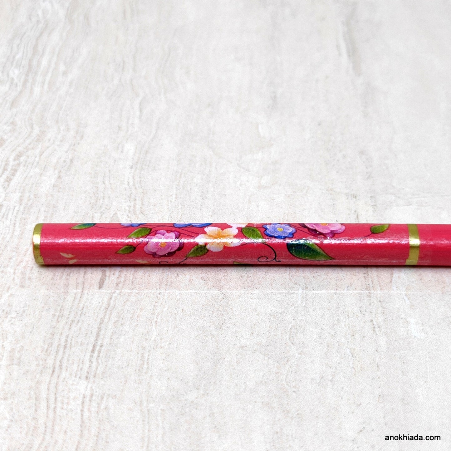Flower Print Maroon Wooden Juda Stick/Bun Stick - 99-04F
