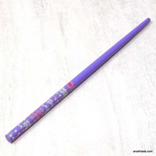 Flower Print Purple Wooden Juda Stick/Bun Stick - (99-05A Juda Stick)