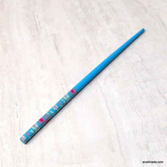 Flower Print Blue Wooden Juda Stick/Bun Stick - (99-05B Juda Stick)