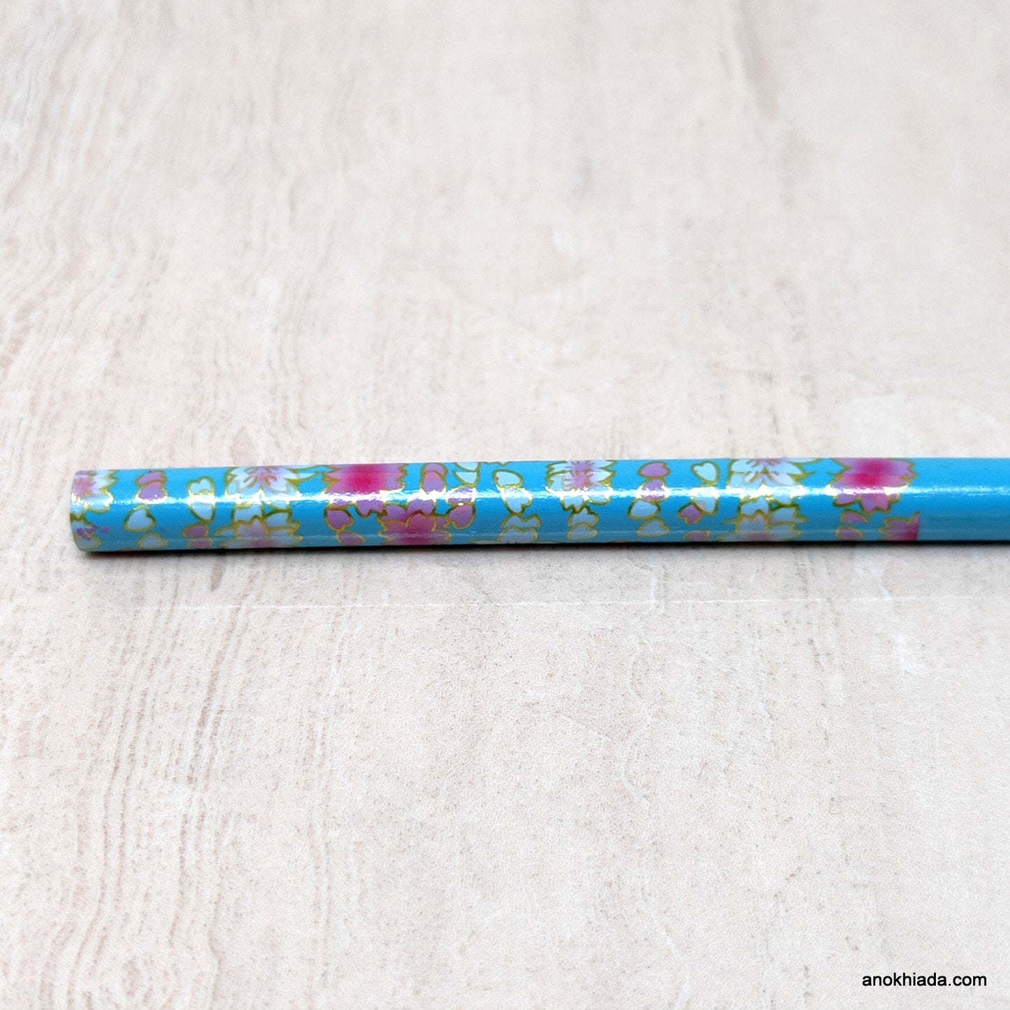 Flower Print Blue Wooden Juda Stick/Bun Stick - (99-05B Juda Stick)