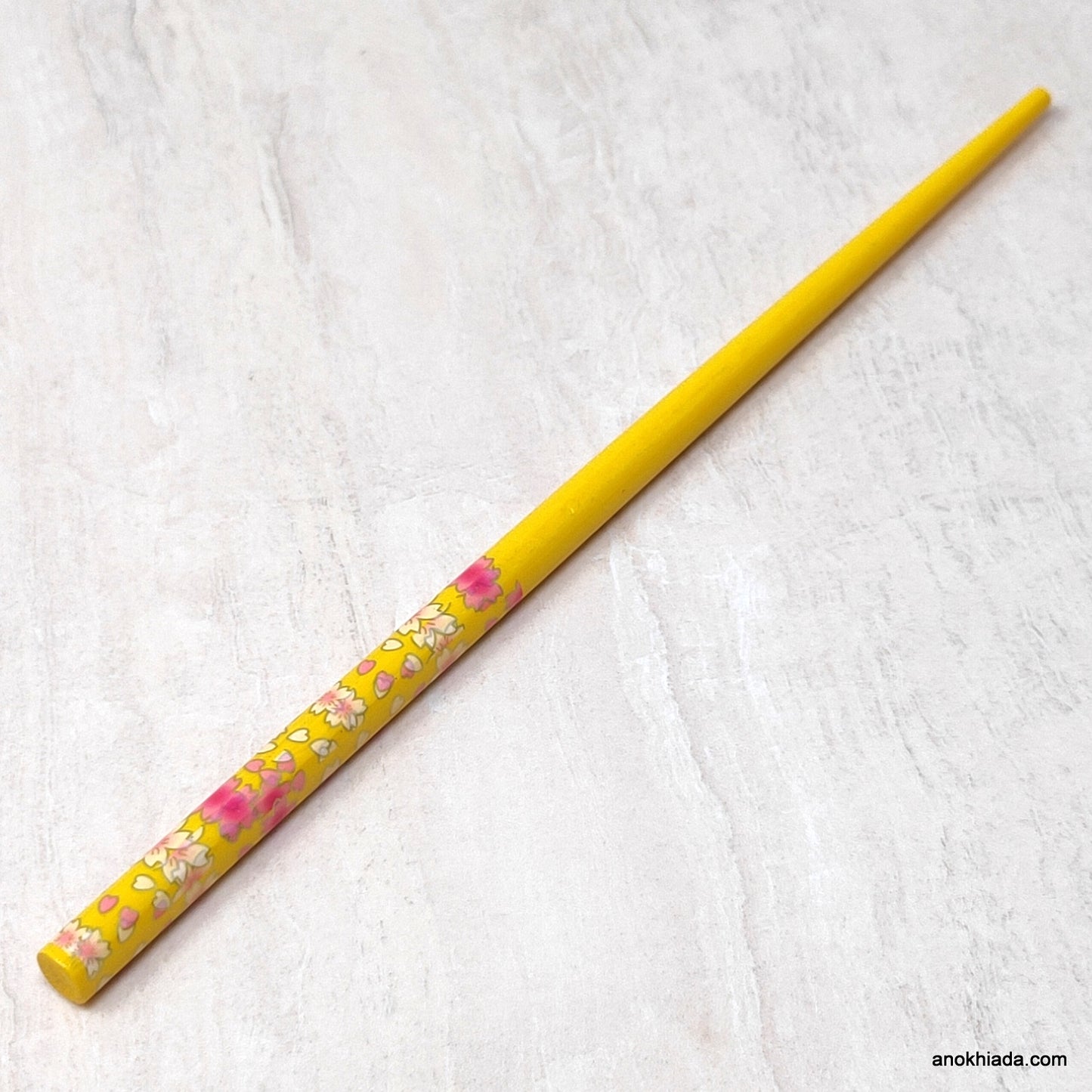 Flower Print Yellow Wooden Juda Stick/Bun Stick - (99-05D Juda Stick)