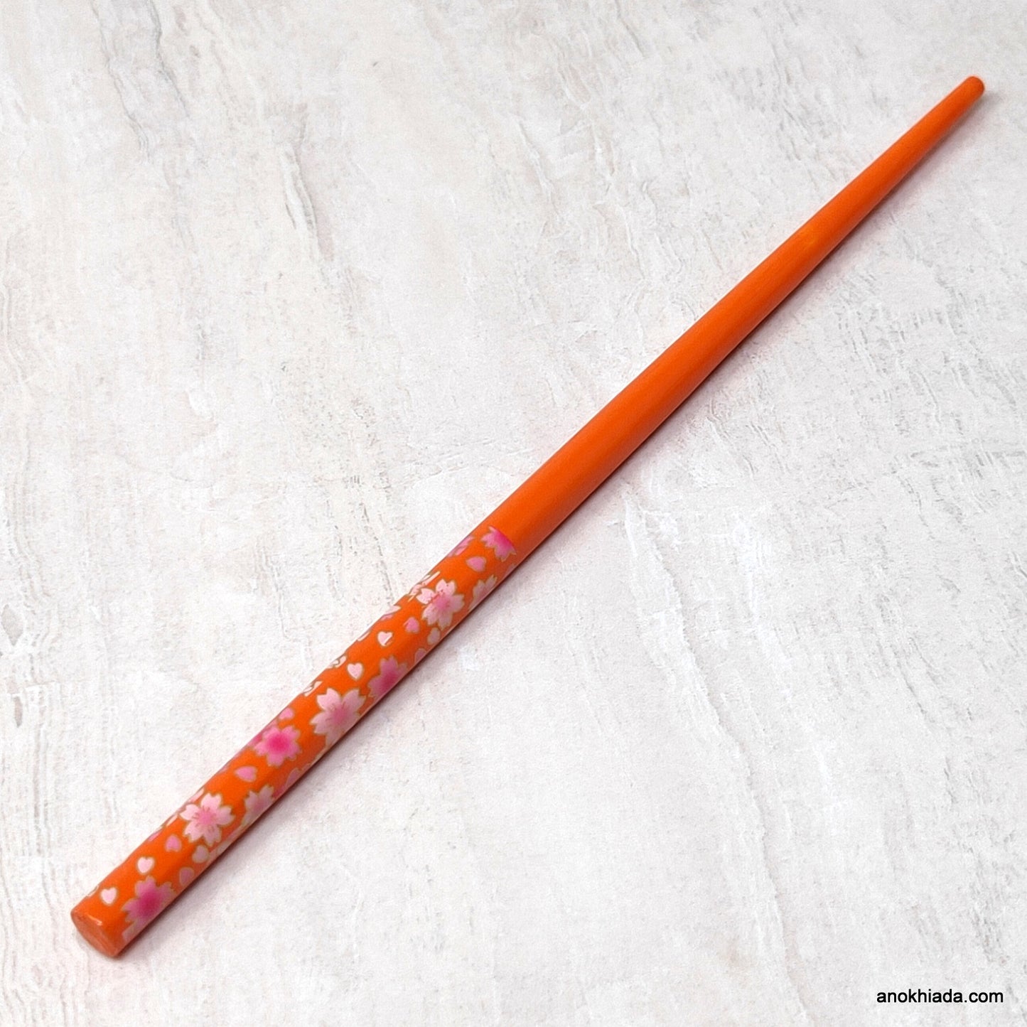 Flower Print Orange Wooden Juda Stick/Bun Stick - (99-05E Juda Stick)