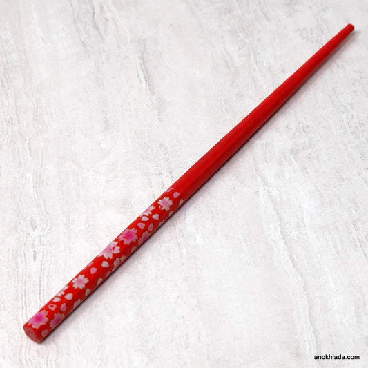 Flower Print Red Wooden Juda Stick/Bun Stick - (99-05F Juda Stick)