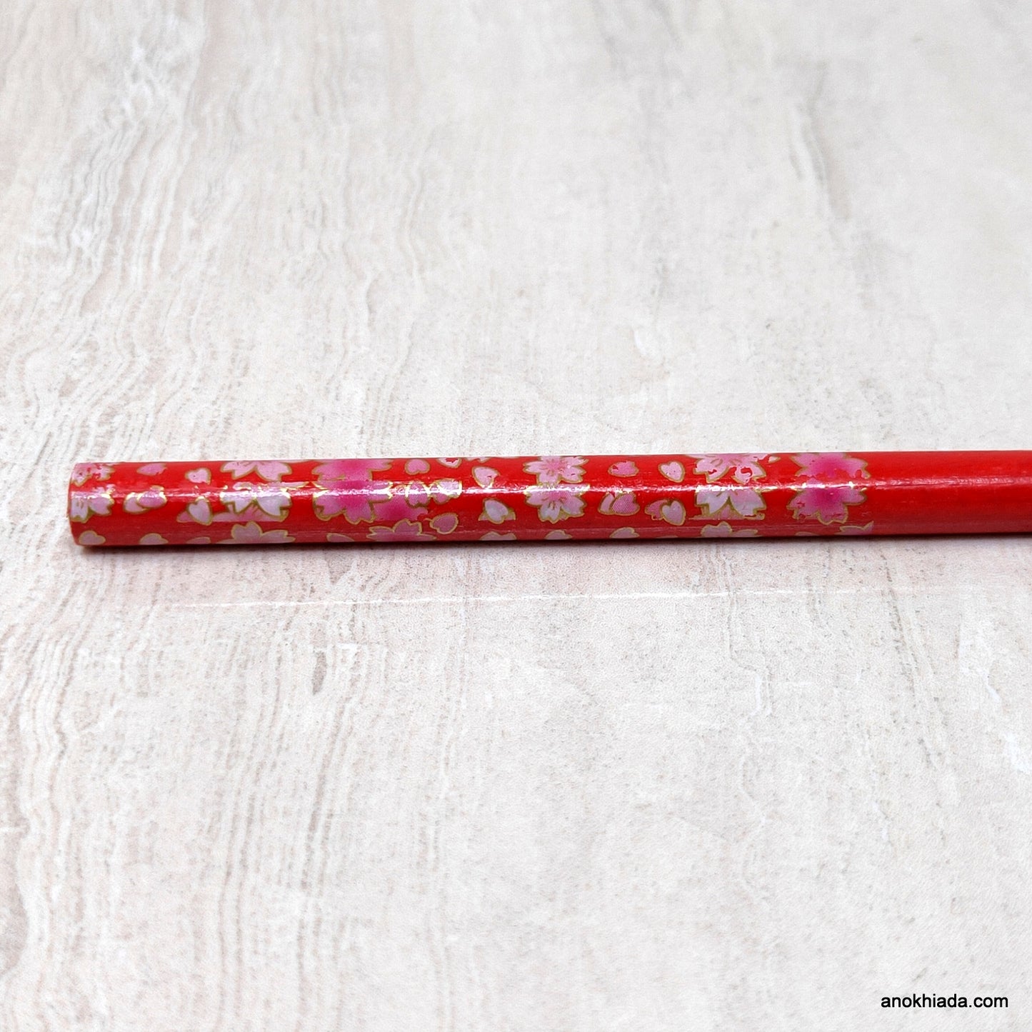 Flower Print Red Wooden Juda Stick/Bun Stick - (99-05F Juda Stick)