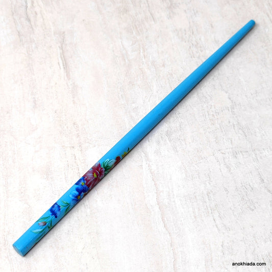 Flower Print Blue Wooden Juda Stick/Bun Stick - (99-06B Juda Stick)