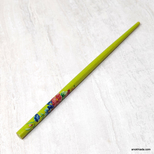 Flower Print Green Wooden Juda Stick/Bun Stick - (99-06C Juda Stick)