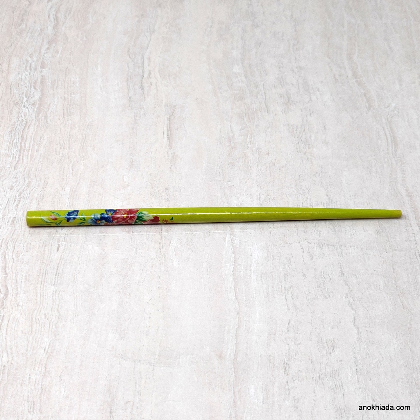 Flower Print Green Wooden Juda Stick/Bun Stick - (99-06C Juda Stick)