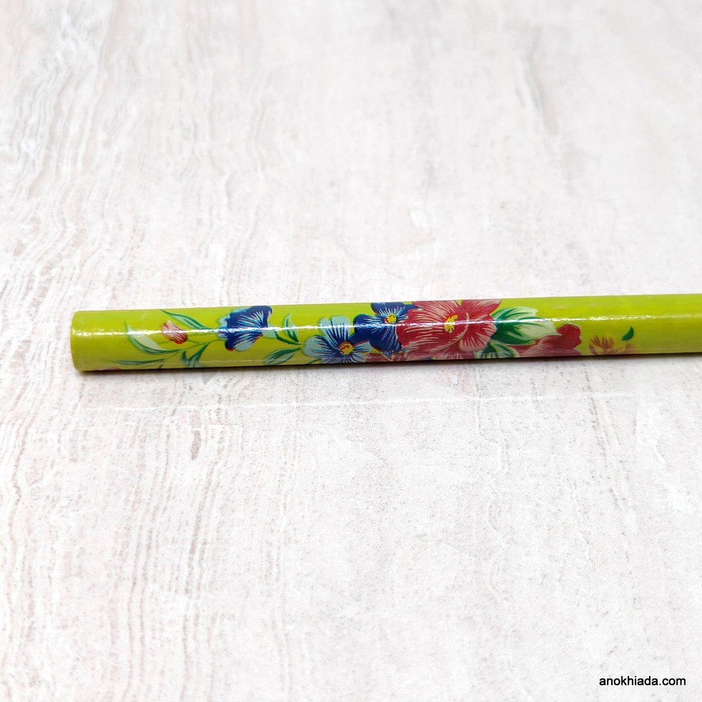 Flower Print Green Wooden Juda Stick/Bun Stick - (99-06C Juda Stick)