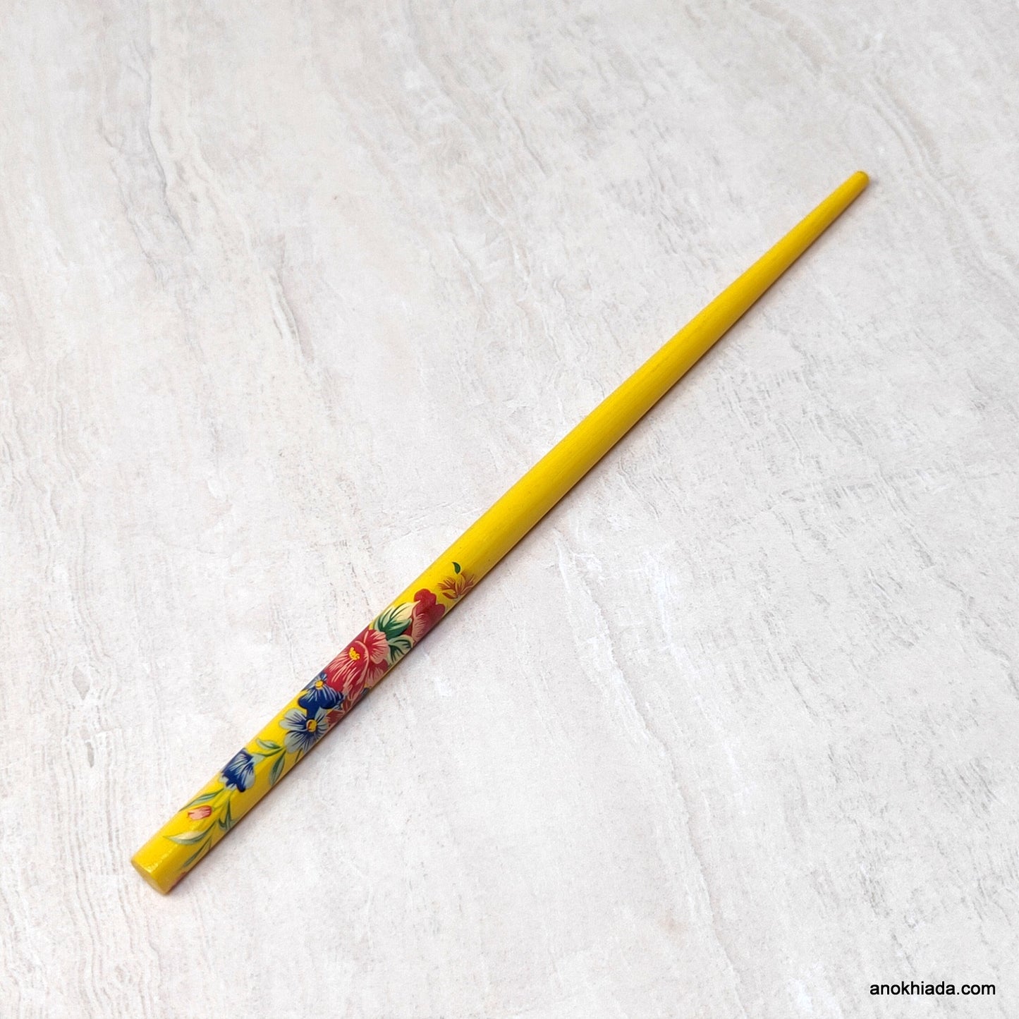 Flower Print Yellow Wooden Juda Stick/Bun Stick - (99-06D Juda Stick)