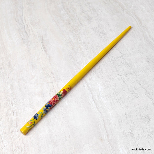 Flower Print Yellow Wooden Juda Stick/Bun Stick - (99-06D Juda Stick)