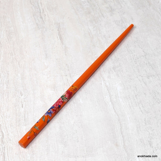 Flower Print Orange Wooden Juda Stick/Bun Stick - (99-06E Juda Stick)