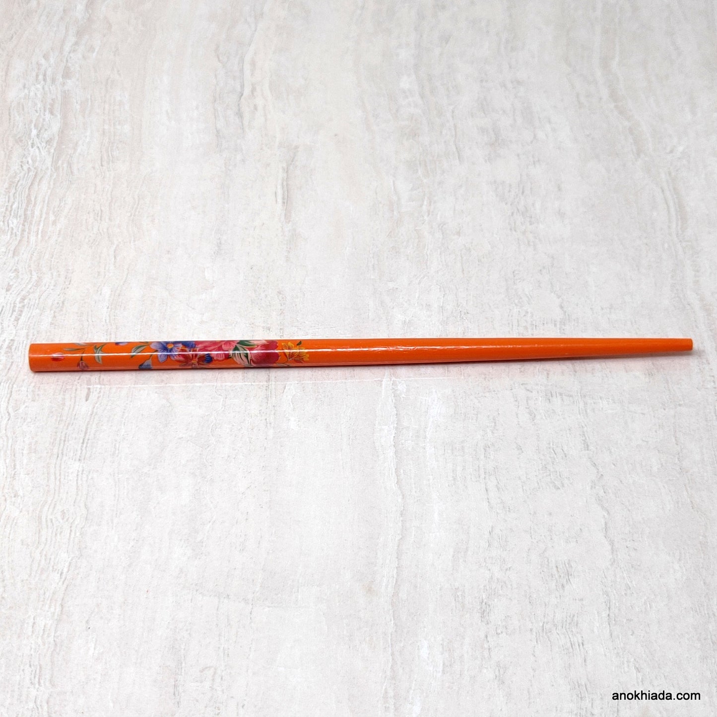 Flower Print Orange Wooden Juda Stick/Bun Stick - (99-06E Juda Stick)