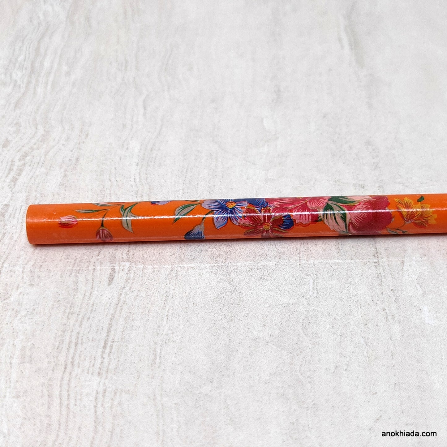 Flower Print Orange Wooden Juda Stick/Bun Stick - (99-06E Juda Stick)