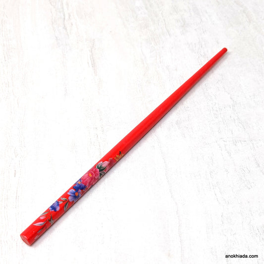 Flower Print Red Wooden Juda Stick/Bun Stick - (99-06F Juda Stick)
